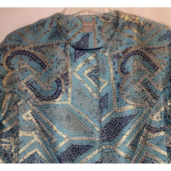 Chico’s Women’s Turquoise Gold Multicolor Mosaic Printed Topper Jacket Sz 8/10 - Picture 2 of 12